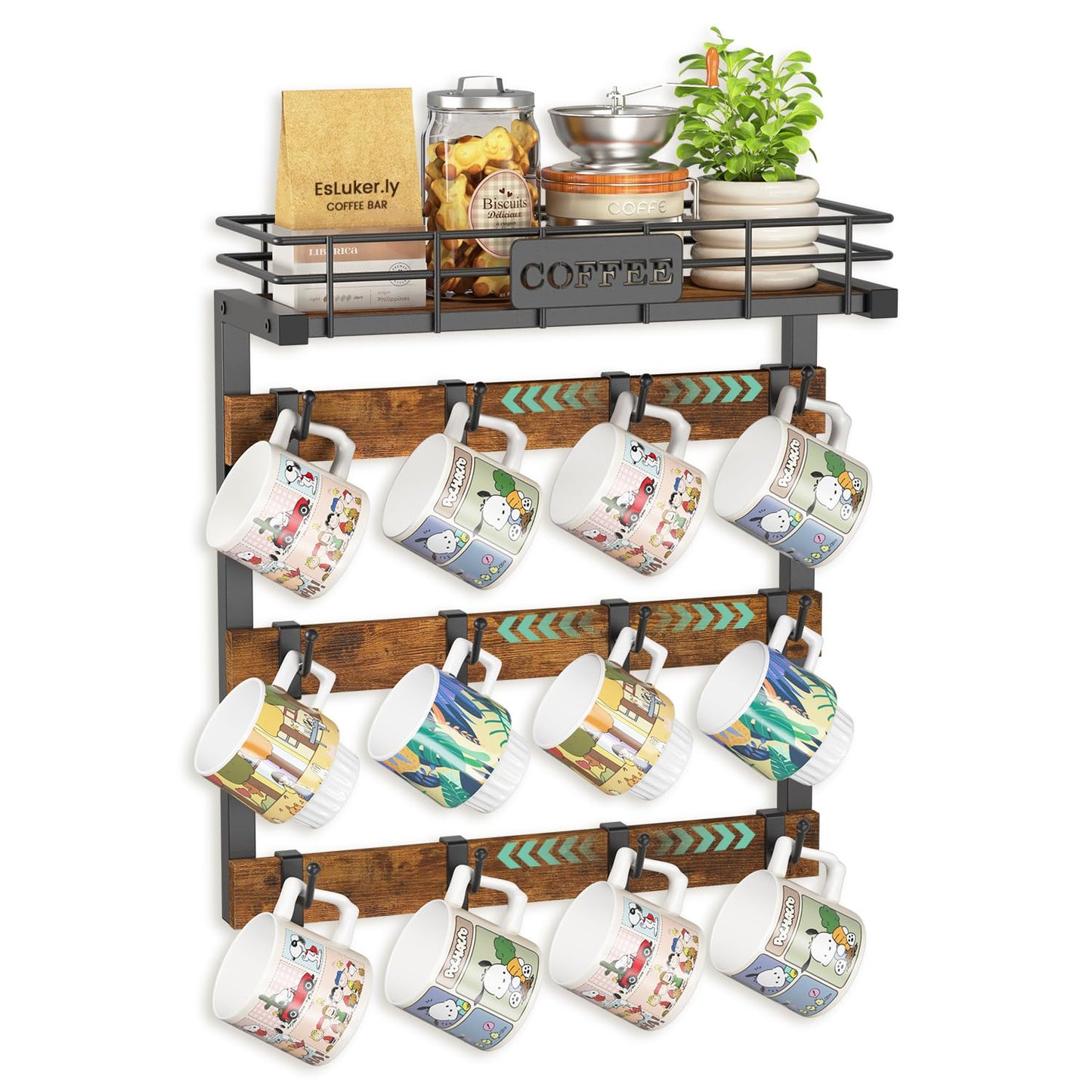 Coffee Mug Holder Wall Mounted Display Rack, Black... (Black | Metal, Wood)