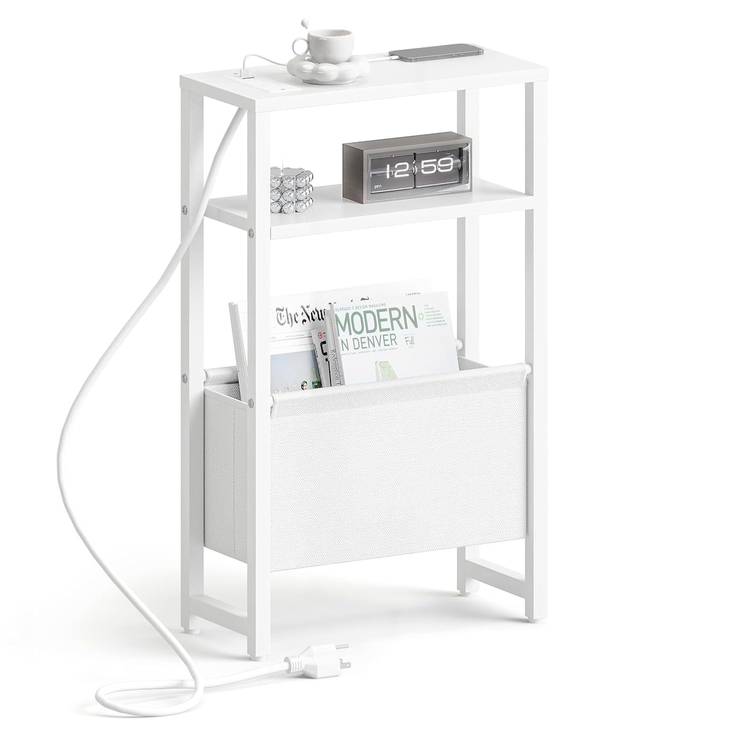 Narrow Side Table with Charging Station Slim End Table Sofa with Magazine Rack, Bedside Table for Small Spaces, 3 Tier Nightstand for Living Room Couch, Bedroom White LET503WE
