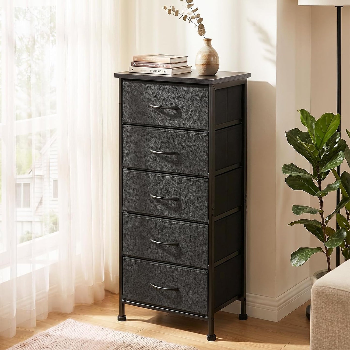 Fixwal Tall Skinny Dresser with 5 Fabric Drawers, Slim Dresser,Black | 33.8in height, 15.7in width, wooden top, breathable non-woven fabric, anti-tipping fittings, stable steel frame