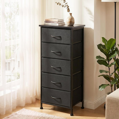Fixwal Tall Skinny Dresser with 5 Fabric Drawers, Slim Dresser,Black | 33.8in height, 15.7in width, wooden top, breathable non-woven fabric, anti-tipping fittings, stable steel frame