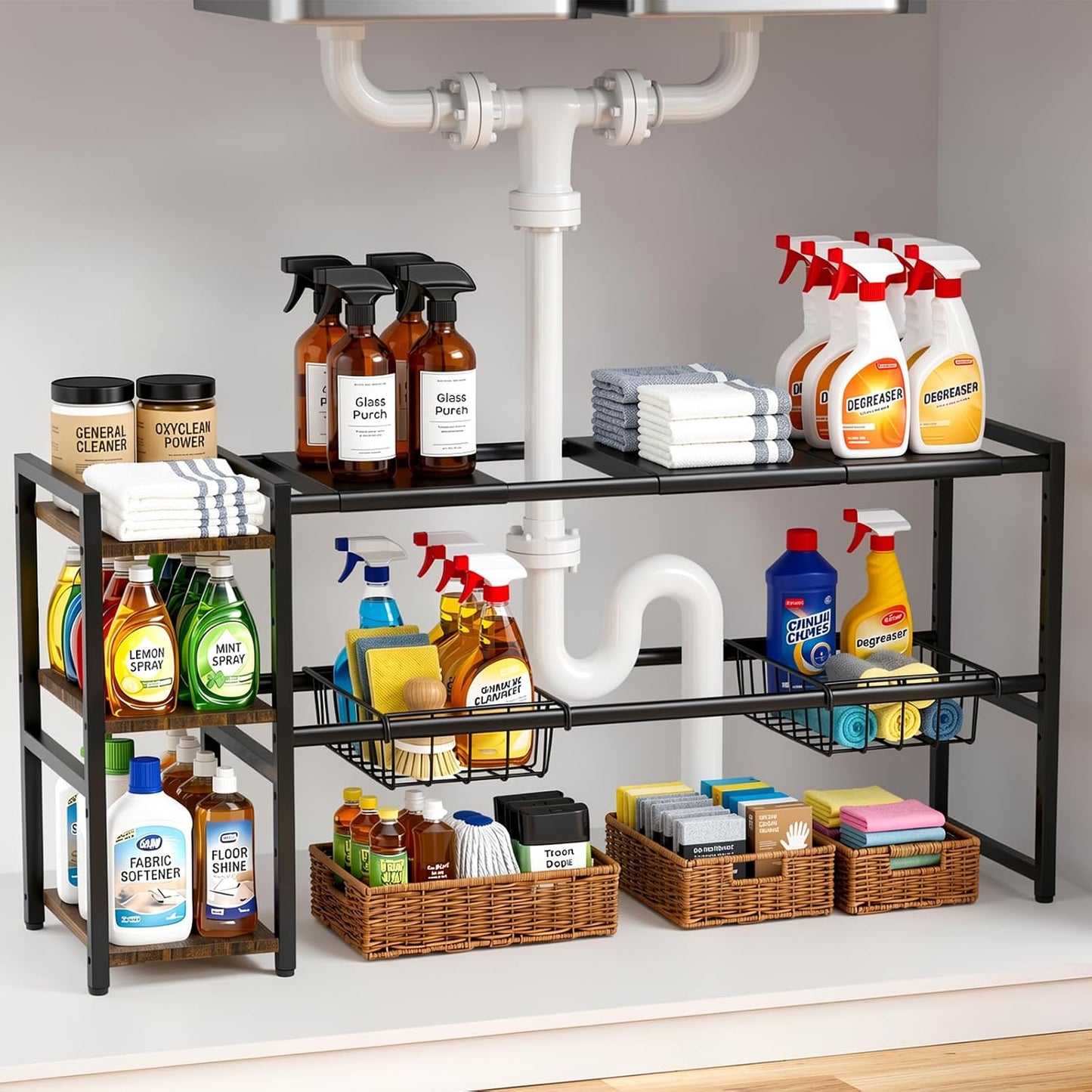Housolution Expandable Under Sink Cabinet Organizer Rack and Storage Shelf | 24"-37.8" Expandable Length, 3-Tier Side Wooden Shelves, Height Adjustable for Kitchen Bathroom
