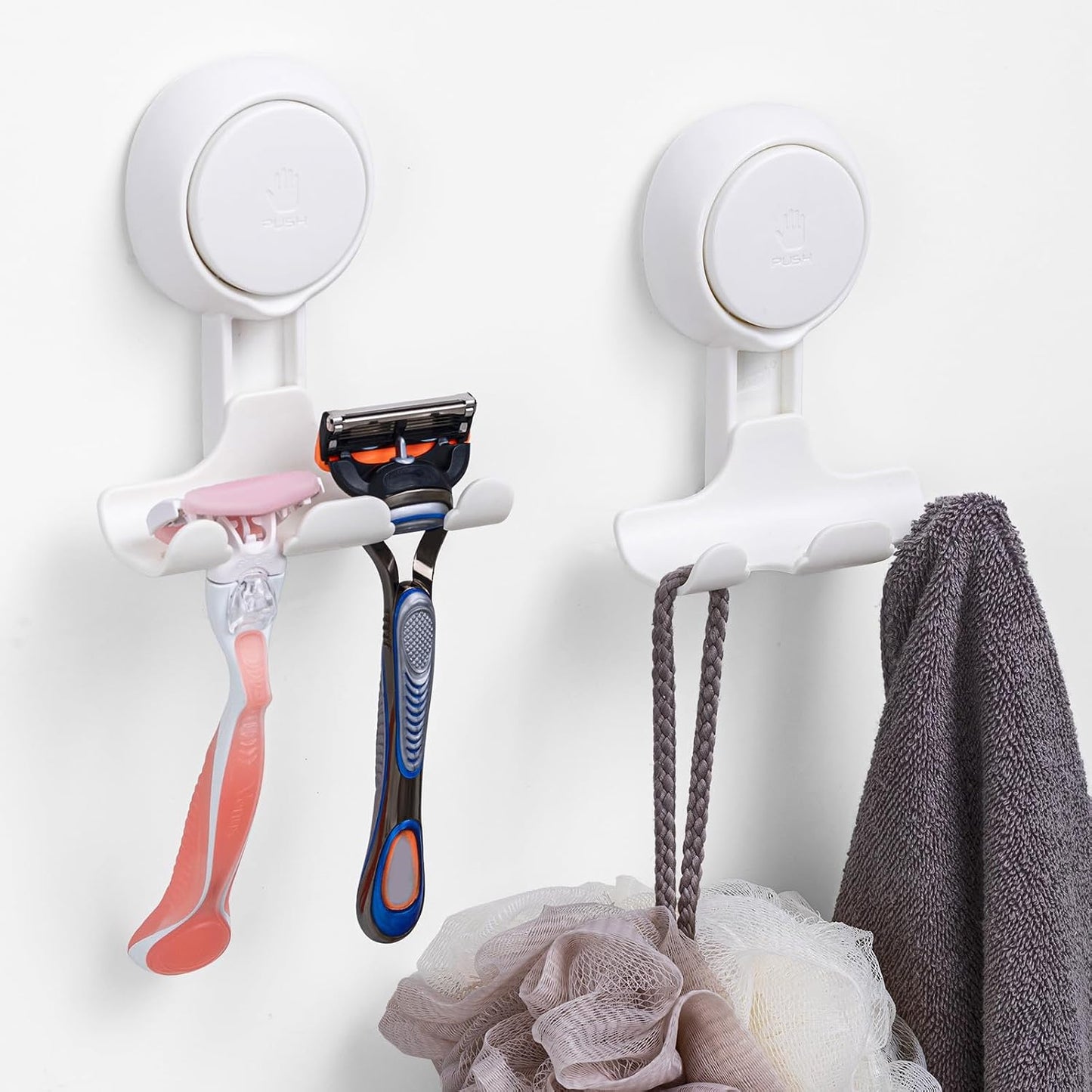 Razor Holder for Shower 2 Pack, Powerful Suction Cup Shower Hooks for Towel, Loofah, Razor, Squeegee, Damage-Free Wall Hooks, Shaver Holder for Bathroom, Easy to Install and Reuse, White