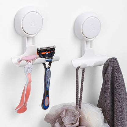 Razor Holder for Shower 2 Pack, Powerful Suction Cup Shower Hooks for Towel, Loofah, Razor, Squeegee, Damage-Free Wall Hooks, Shaver Holder for Bathroom, Easy to Install and Reuse, White