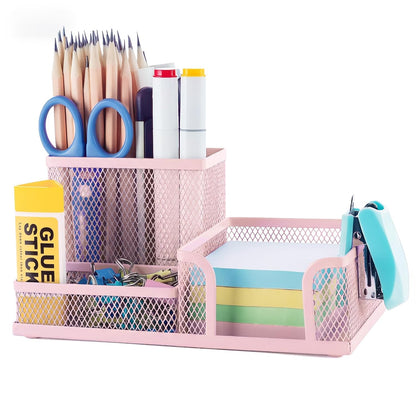 M&G Mesh Pen Holder Desk Organizers Pencil Holder for Desk Pink, 3 Compartments Metal Office Supply Organizer with Sticky Notes Holder for Home Office