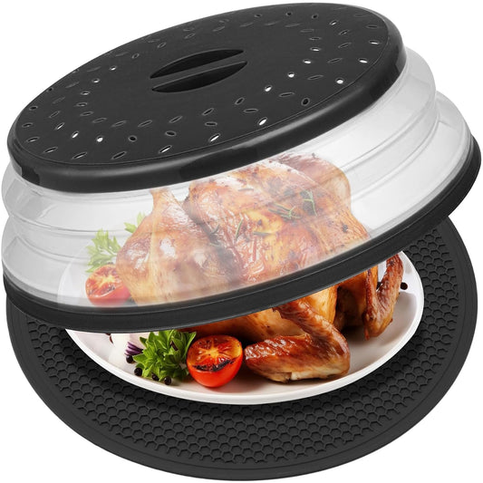 12" Microwave food Cover & Mat,Large Vented Collapsible Splatter Guard dish Plate lid & Silicone Round Kitchen mat