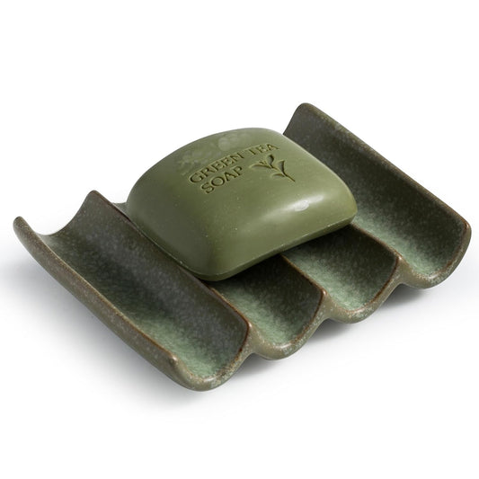 Draining Ceramic Soap Dish - Fluted Design, Bar So... (Green | Ceramic)