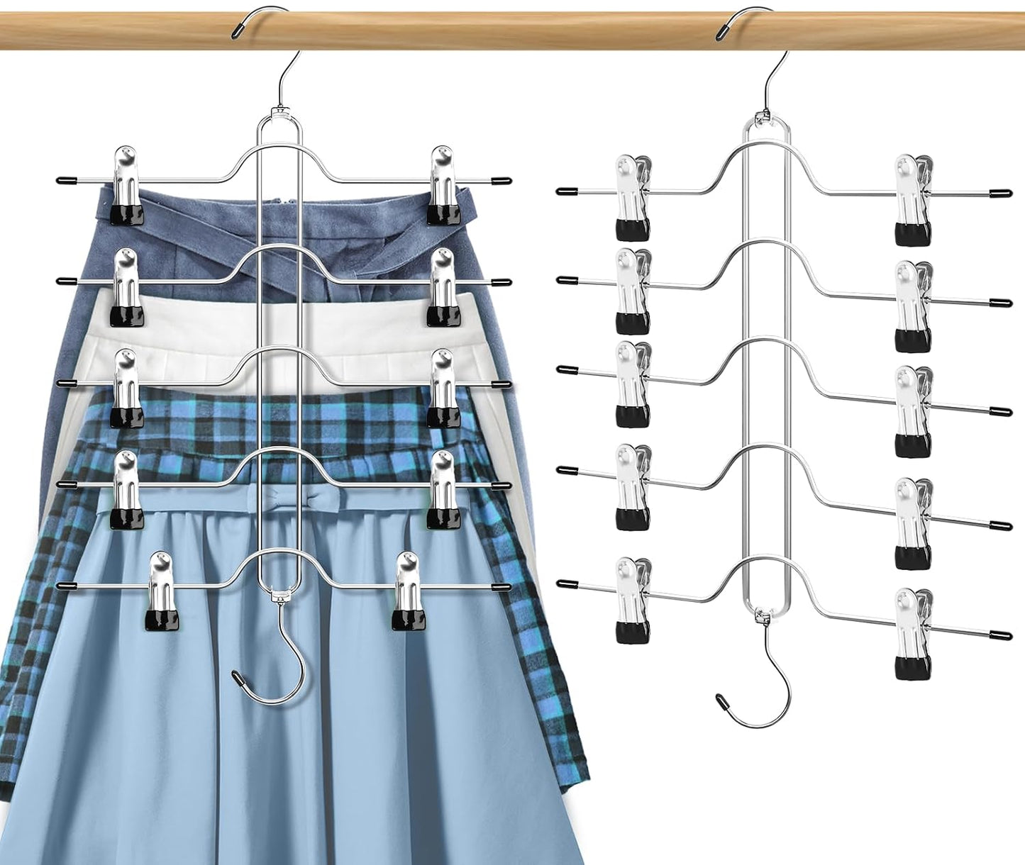 Skirt Hangers with Clips 5 Tier Pants Hangers Space Saving 2 Pack | Rustproof Metal Hangers, Multi Shorts Hanger with Adjustable Clips, Closet Organizer and Storage for Jeans Leggings Shorts