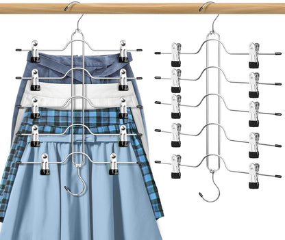 Skirt Hangers with Clips 5 Tier Pants Hangers Space Saving 2 Pack | Rustproof Metal Hangers, Multi Shorts Hanger with Adjustable Clips, Closet Organizer and Storage for Jeans Leggings Shorts