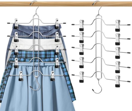 Skirt Hangers with Clips 5 Tier Pants Hangers Space Saving 2 Pack | Rustproof Metal Hangers, Multi Shorts Hanger with Adjustable Clips, Closet Organizer and Storage for Jeans Leggings Shorts