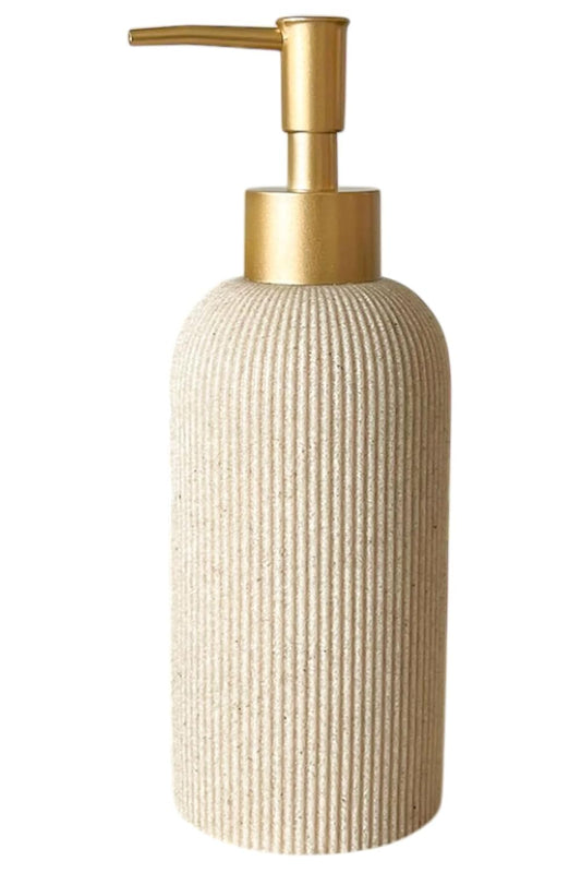 Sand Beige Hand Soap Dispenser with Matte Gold Pump, 7 oz | Luxury Farmhouse Boho Zen Style, Sandstone Finish, Lotion & Dish Soap Dispenser for Bathroom and Kitchen