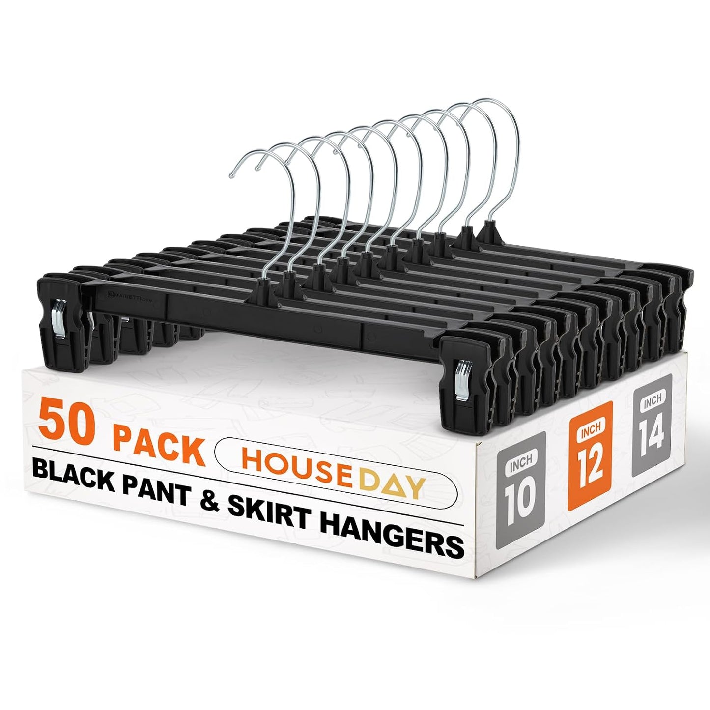 HOUSE DAY Black Pants Hangers with Clips 50 Pack, 12 Inch Skirt Hangers | Non-slip clips hold trousers, skirts, shorts and jeans; 360° swivel hook allows easy access for everyday adult wardrobes
