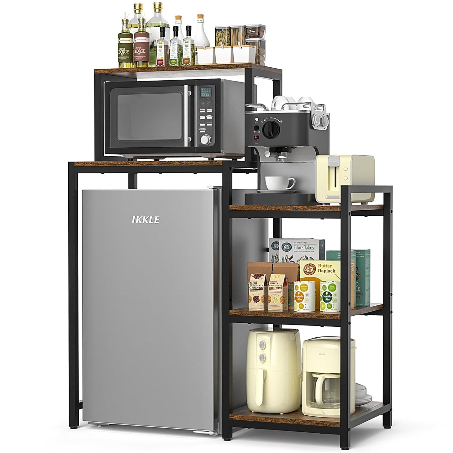 Mini Fridge Stand with Storage Shelves, 5-Tier Mini Fridge Cabinet, Brown | Microwave Organizer Shelf and Baker Rack, Wood Utility Storage Shelf with Mini Fridge Storage Space for Dorm Kitchen