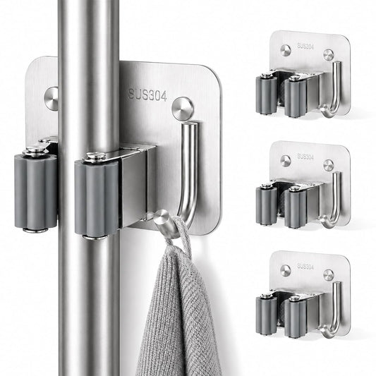 Broom Holder Wall Mount 4 Pack, Heavy Duty Mop and Broom Hanger with Hooks | Innovihue 304 Stainless Steel Broom Hanger, Self Adhesive or Screw Mount Organizer for Kitchen Laundry Garage