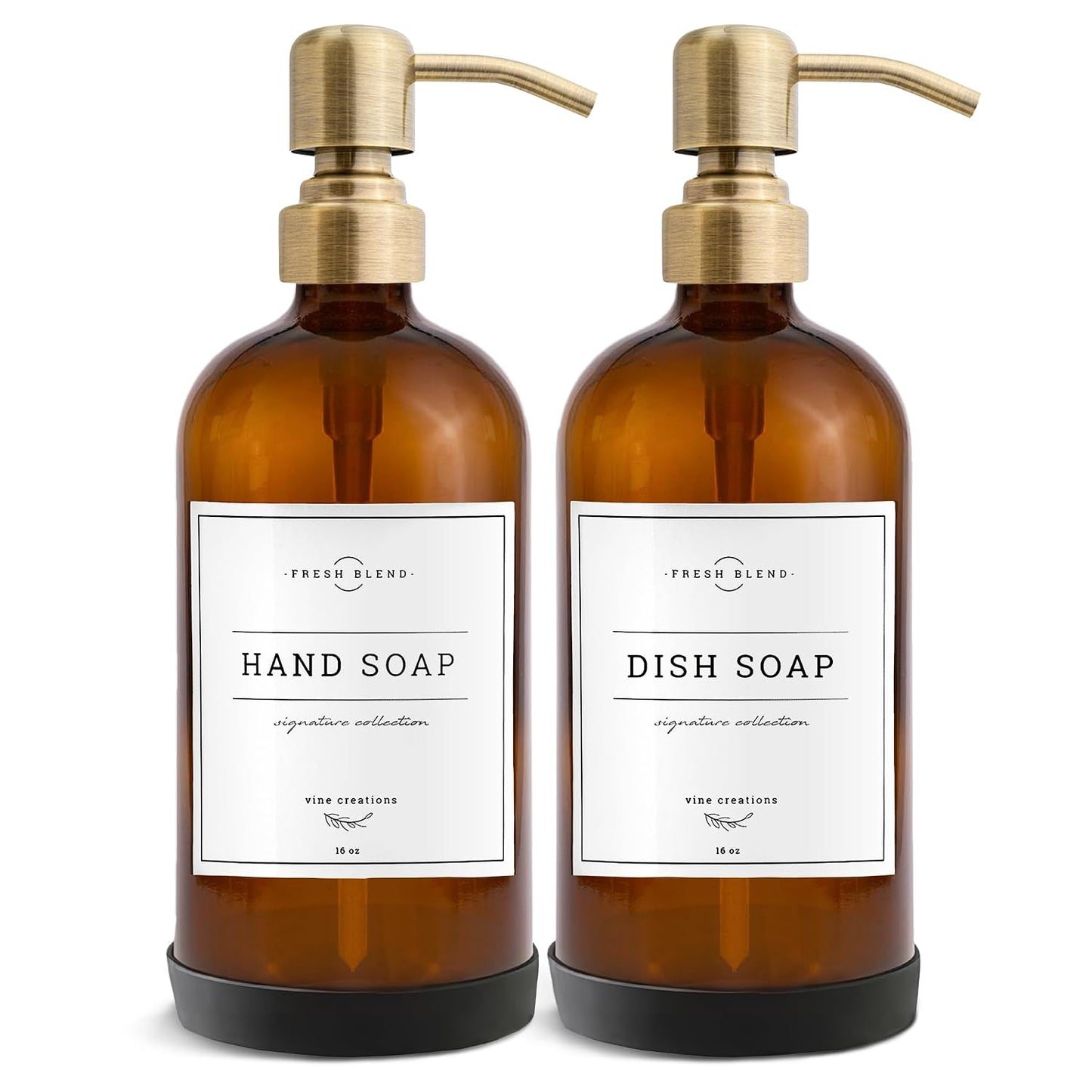 Vine Creations Amber Glass Soap Dispenser, 2 Pack Kitchen Soap Dispenser Set with Stainless Steel Pump, 16 oz Dish Soap and Hand Soap Dispensers for Bathroom with Waterproof Labels and Protective Pads