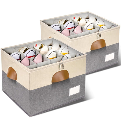 2 Pack Shoe Organizer for Closet with Adjustable Divider Shoe Storage Box | Fits 16-32 Pairs Stackable Foldable Shoe Bin with Clear Cover for Sneaker Boot Heel Sandal Dorm Space Saving Beige and Grey