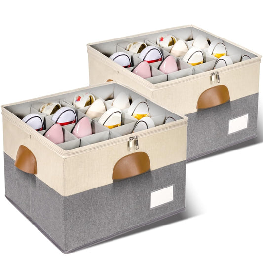 2 Pack Shoe Organizer for Closet with Adjustable Divider Shoe Storage Box | Fits 16-32 Pairs Stackable Foldable Shoe Bin with Clear Cover for Sneaker Boot Heel Sandal Dorm Space Saving Beige and Grey