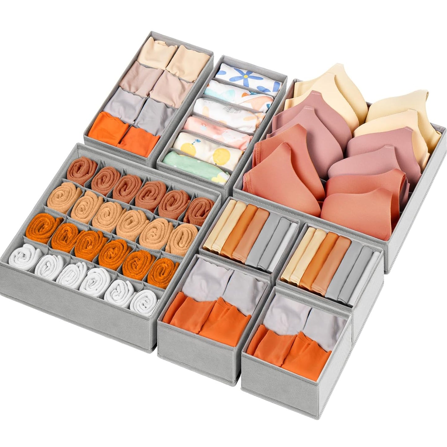 Drawer Organizer Clothes, 8 Pack Dresser Organizer Bins for Baby Clothes, Underwear Sock, Fabric Closet Organization and Storage Dividers for Nursery Bedroom (48 Compartments, Grey)
