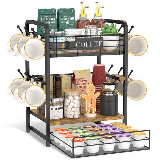 EsLuker.ly Coffee Bar Organizer Station Shelf Mug Holder, with 12 Hooks | 3 Tier Coffee Cup Stand Rack for Countertop, K Cup Pod Organizer Drawer for Home Office, Keeps Essentials Tidy & Accessible