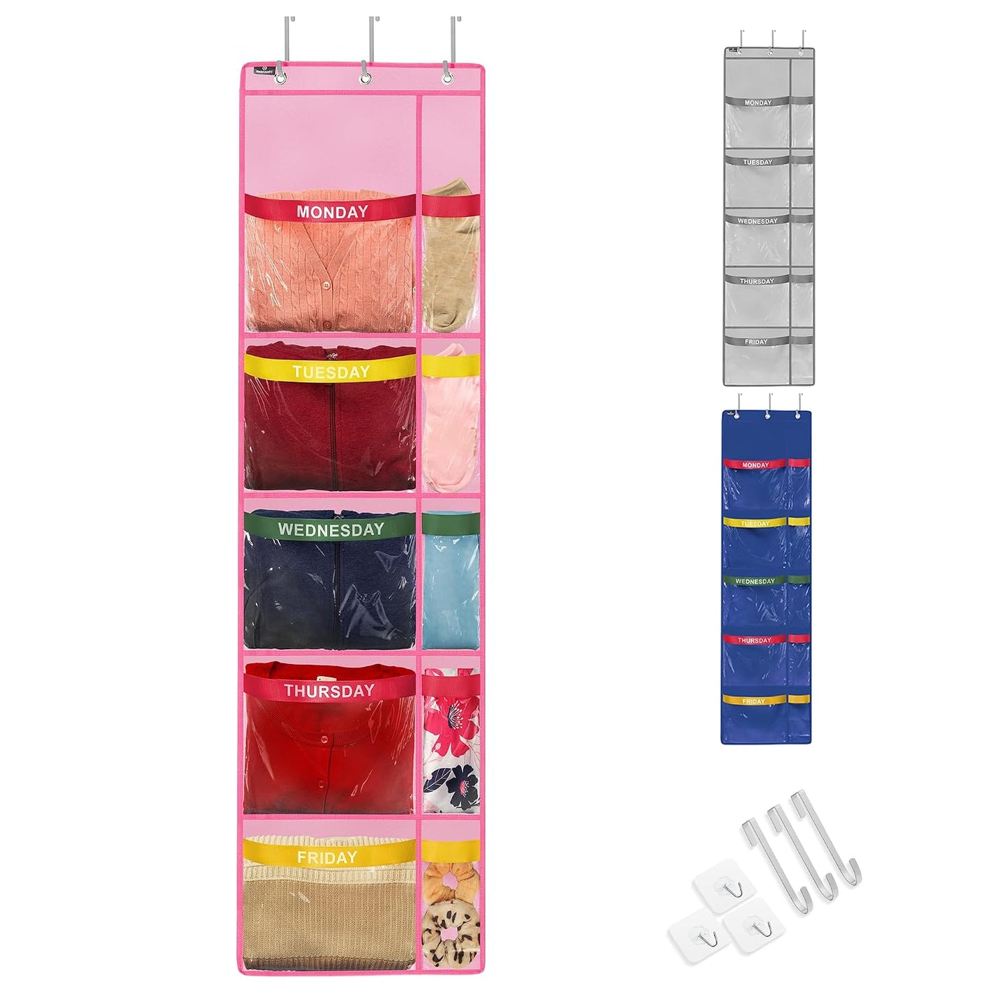 Handy Laundry Weekly Clothes Organizer for Kids, 10 Pocket 5-Shelf Closet | Days of the Week Hanging Closet Shelves, Monday Through Friday & Weekend, School Outfit Storage, Side Pockets, Over-Door
