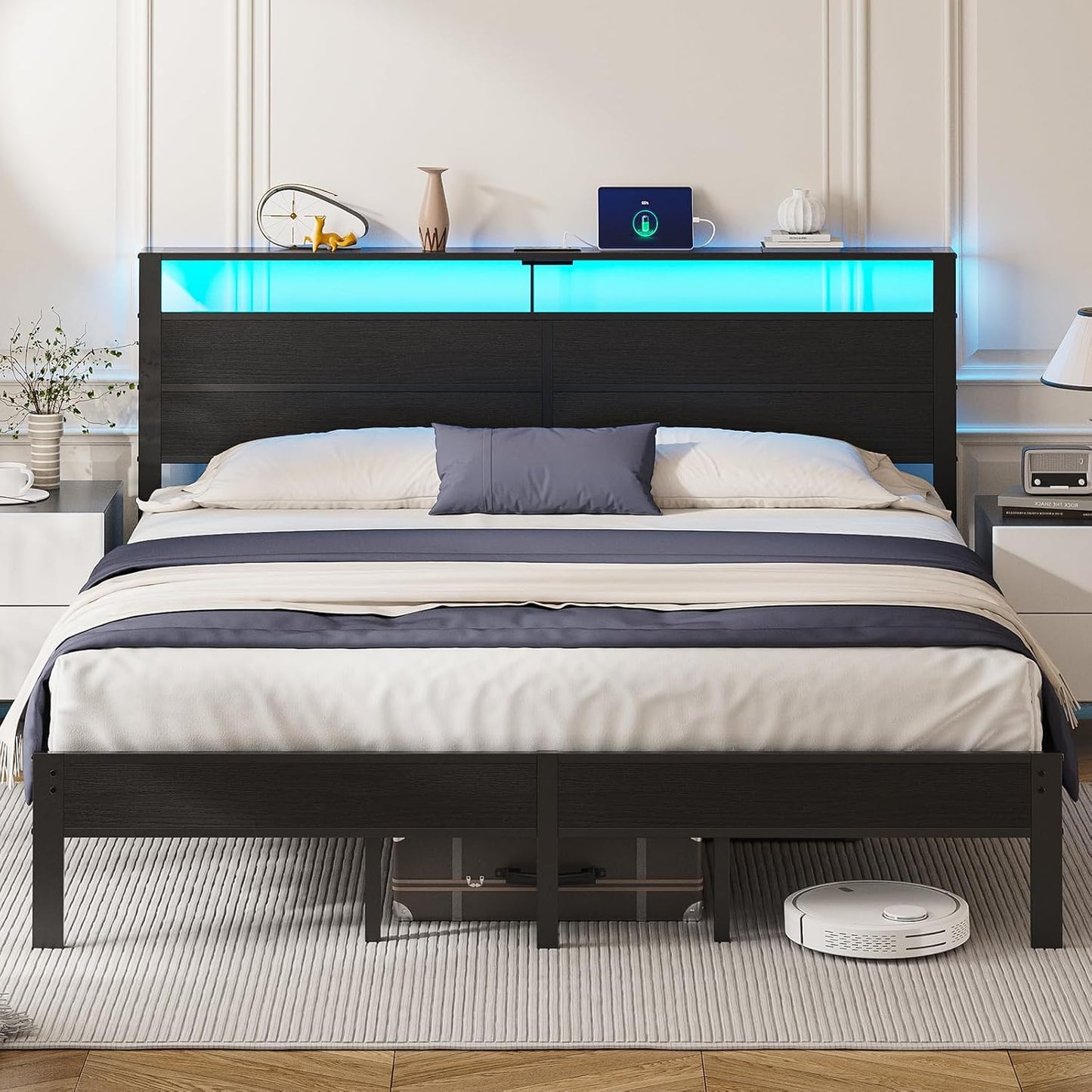 King Size Bed Frame with LED Lights and Charging Station | Black Metal Platform Bed with Wood Headboard, Sturdy Slats, No Box Spring Needed, Noise Free, Easy Assembly