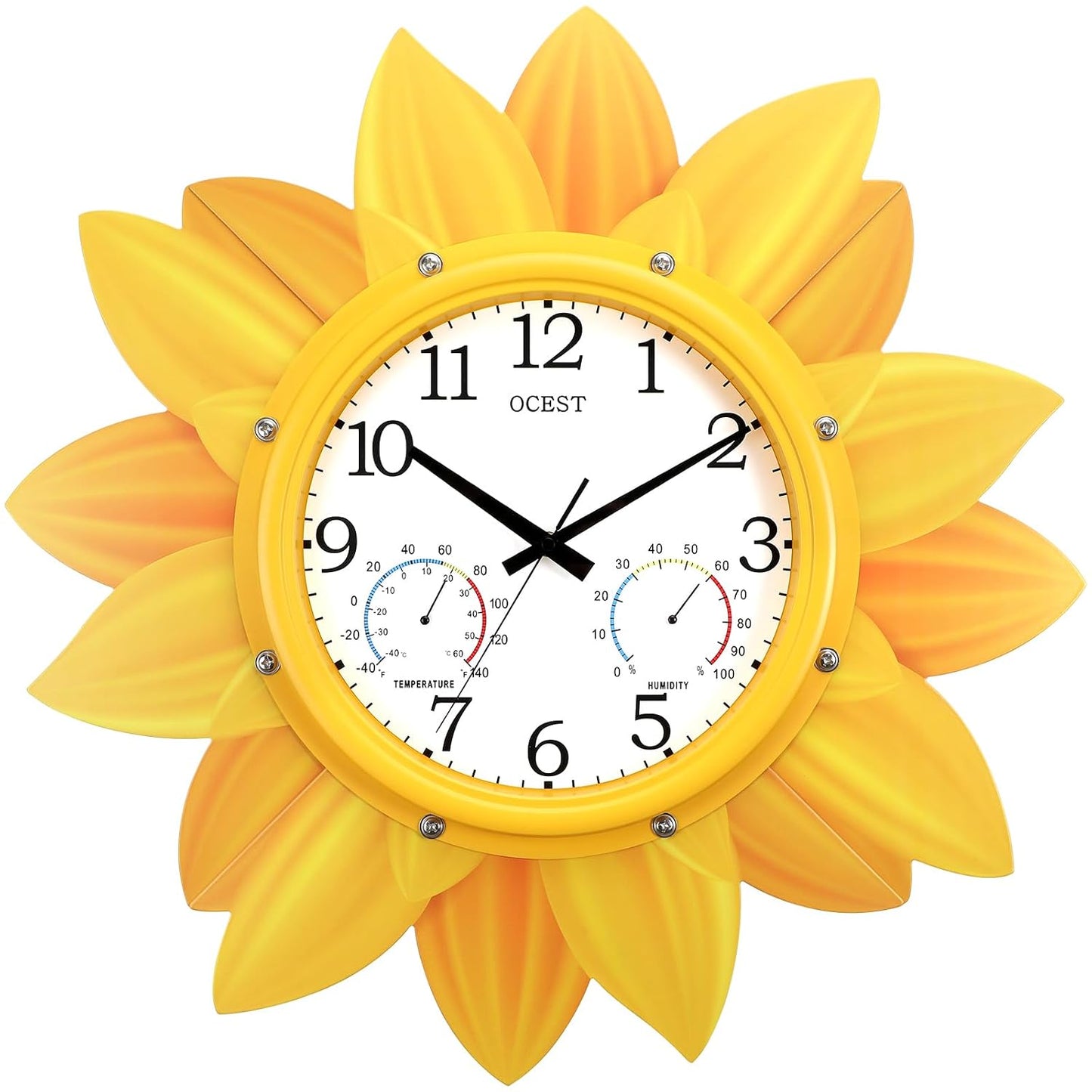 24 Inch Waterproof Sunflower Outdoor Clock, Thermometer Hygrometer | Silent non-ticking movement, metal petal design for patio, garden, pool, garage, porch, and backyard decor