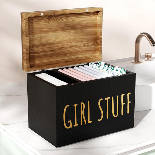 Wooden Tampon Holder, Matte Black, Hinged Lid Organizer | Shark Week Period Box, Pad Holder for Bathroom, Tampon Storage, Feminine Product Organizer, Stylish Girl Stuff Box