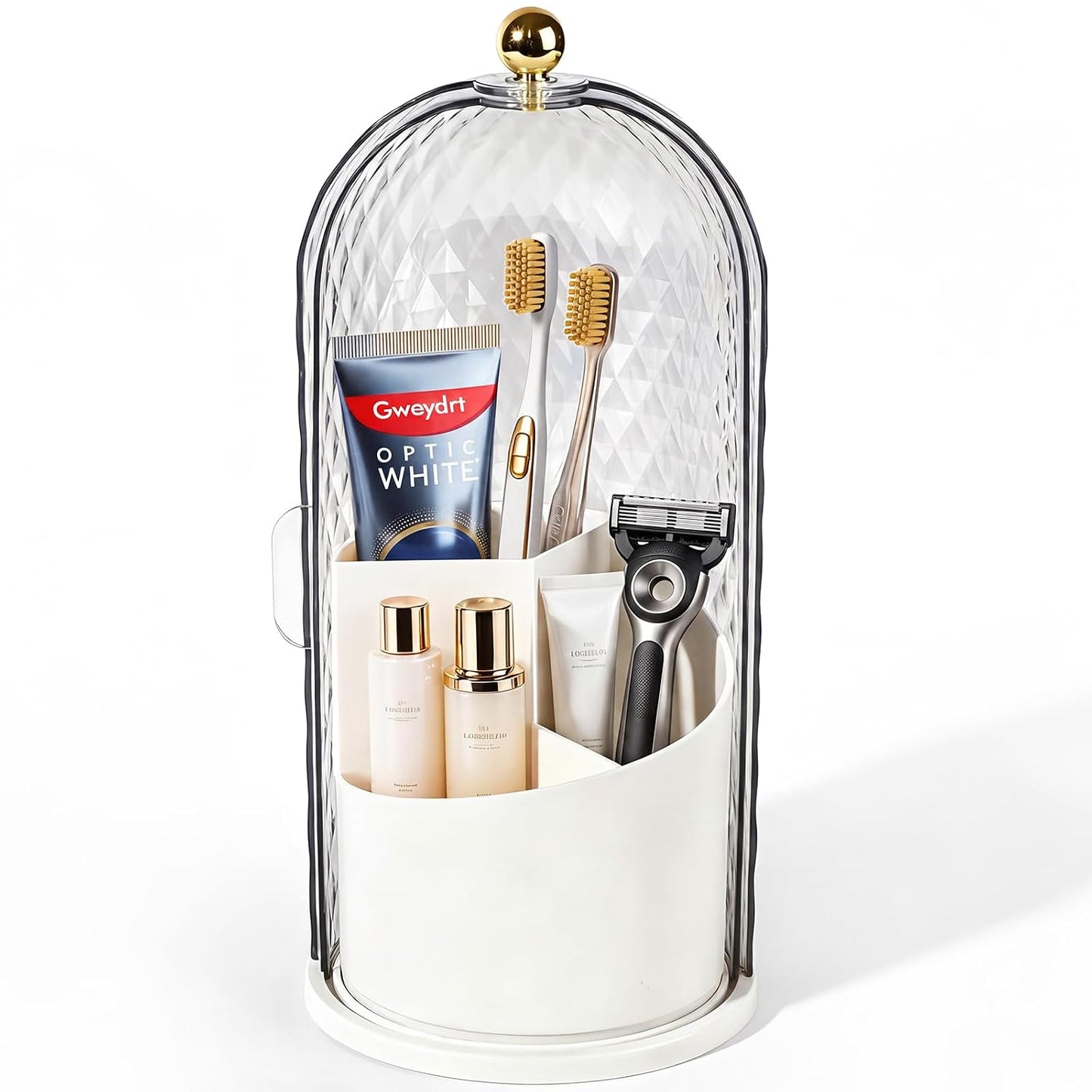 3 Slots Rotating Toothbrush Holders with Lid for Bathroom | Coverd Tooth Brush Holders for Countertop, Concealed Makeup Brush Holder, Toothpaste Holder-White