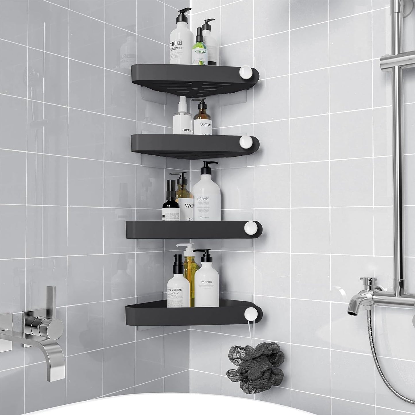 Plastic Shower Caddy Corner (for 90° Only), 4 Pack, Black | Adhesive Corner Shower Shelves for Smooth Wall Bathroom Organizers and Storage, Bathroom Decor