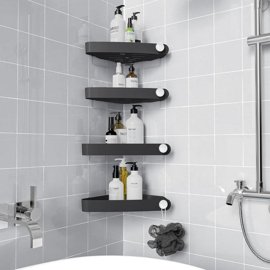 Plastic Shower Caddy Corner (for 90° Only), 4 Pack, Black | Adhesive Corner Shower Shelves for Smooth Wall Bathroom Organizers and Storage, Bathroom Decor