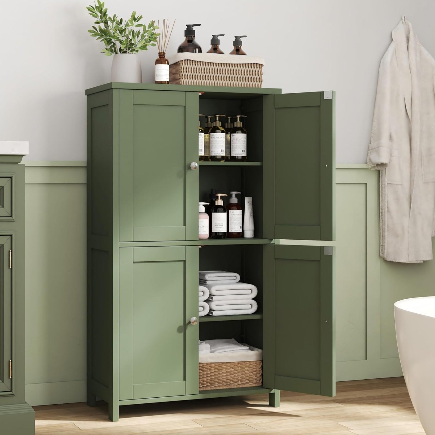 Nuturelly Bathroom Floor Storage Cabinet, 4 Doors, Anti-Tip, Pale Green | 23.7"D x 11.9"W x 42.6"H, Adjustable Shelves, Shaker style, 5-position Shelves, Rounded Corners, Easy Assembly