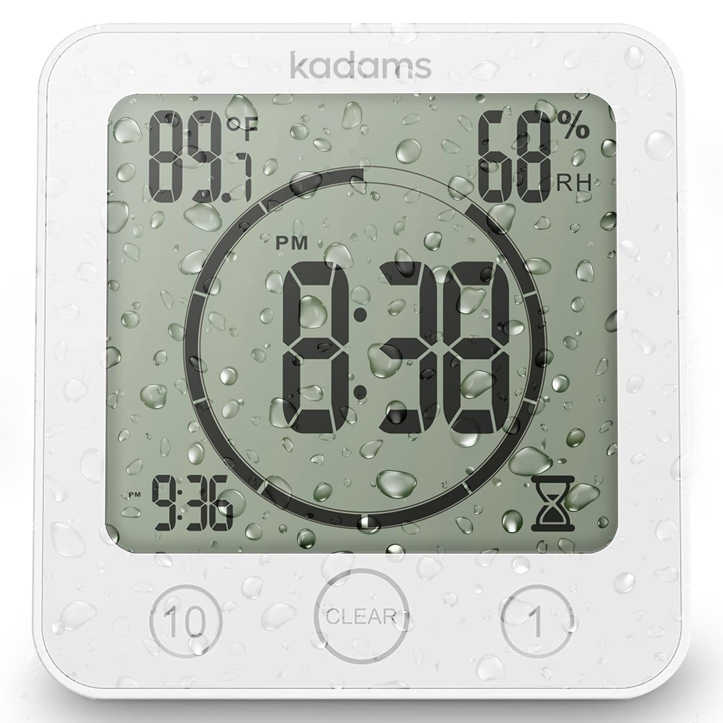 KADAMS Shower Clock Waterproof Bathroom Timer – Digital Wall Clock with Countdown, Magnetic Kitchen Clock with Temperature & Humidity, Suction Cup for Kids Shower Spa Sauna Cook Bath, White