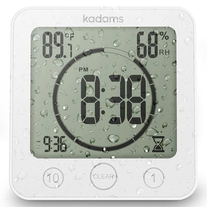 KADAMS Shower Clock Waterproof Bathroom Timer – Digital Wall Clock with Countdown, Magnetic Kitchen Clock with Temperature & Humidity, Suction Cup for Kids Shower Spa Sauna Cook Bath, White