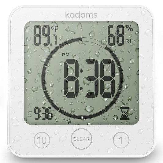 KADAMS Shower Clock Waterproof Bathroom Timer – Digital Wall Clock with Countdown, Magnetic Kitchen Clock with Temperature & Humidity, Suction Cup for Kids Shower Spa Sauna Cook Bath, White