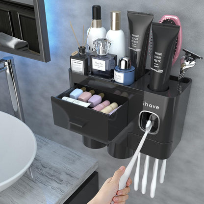 iHave Toothbrush Holders Wall Mounted with Toothpaste Dispenser & 2 Cups | All-in-One Bathroom Organizer: 2 Cups, 6 Slots, Toothpaste Dispenser, Large Tray & Drawer. Wall Mount, No Drilling Required