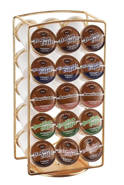 Tabletop K Cup Holder, Coffee Pod Stand Holder, K-Cups Capsule Storage Rack for 30 pods, 360 degrees rotatable, No Assembly Required, Gold