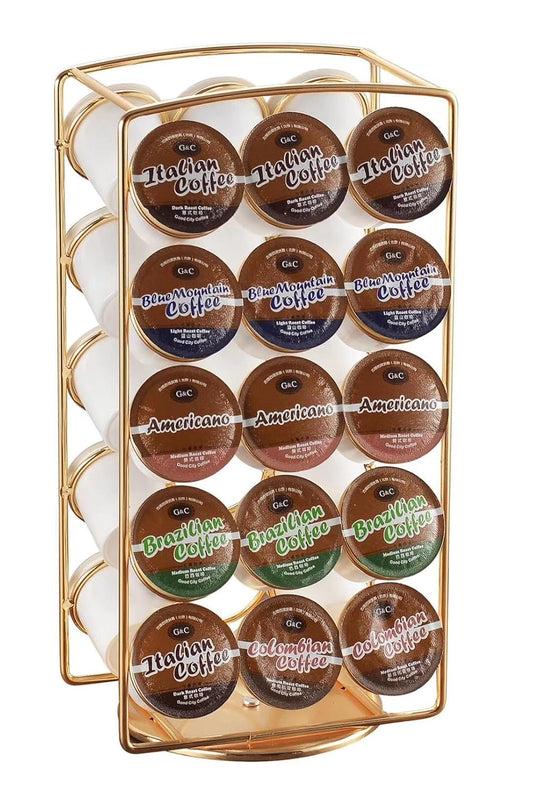 Tabletop K Cup Holder, Coffee Pod Stand Holder, K-Cups Capsule Storage Rack for 30 pods, 360 degrees rotatable, No Assembly Required, Gold