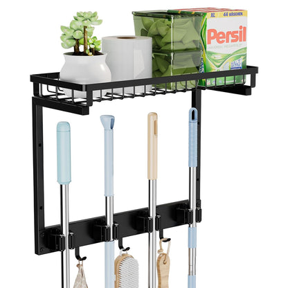 Broom Holder Wall Mount, Mop Organizer with Cleaning Tools Storage Shelf | Sturdy Metal Barn Cleaning Supplies Holder Gripper Hooks, Utility Hanger Closet Organizer for Home Improvement Garage Kitchen