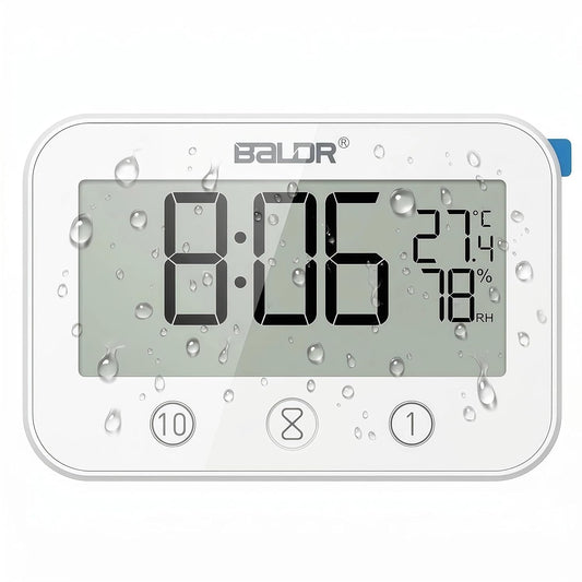 Digital LCD Waterproof Timer Shower Clock, Waterproof for Water Spray, Bathroom Clock Wall Mount, Two Suction Cup, Displays Time, Temperature, and Indoor Relative Humidity (1, White)