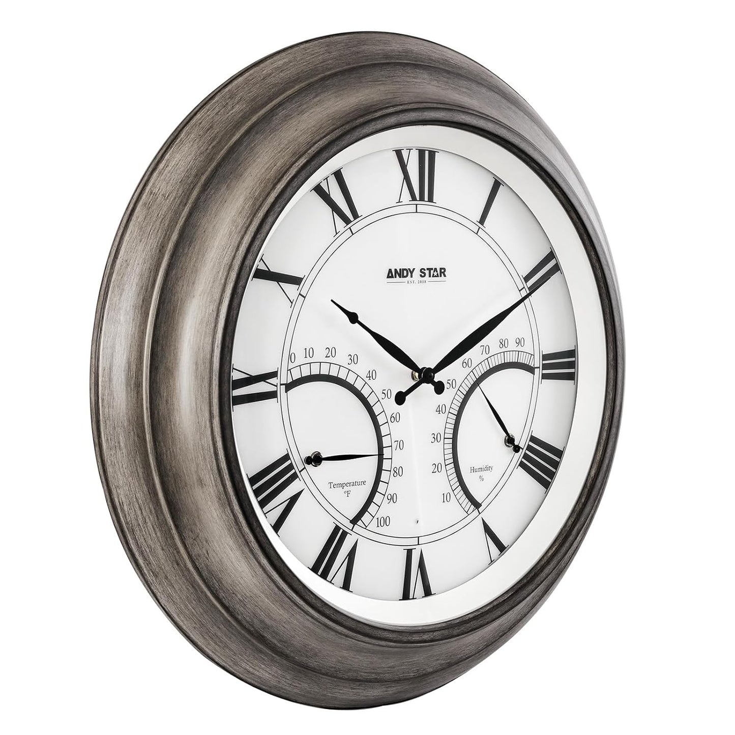 24 Inch Outdoor Clocks Waterproof,Large Outdoor Wall Clocks for Garden Patio Pool, Modern Lighted Metal Clock Battery Operated with Thermometer&Hygrometer, Gray Oak Wooden Non Ticking
