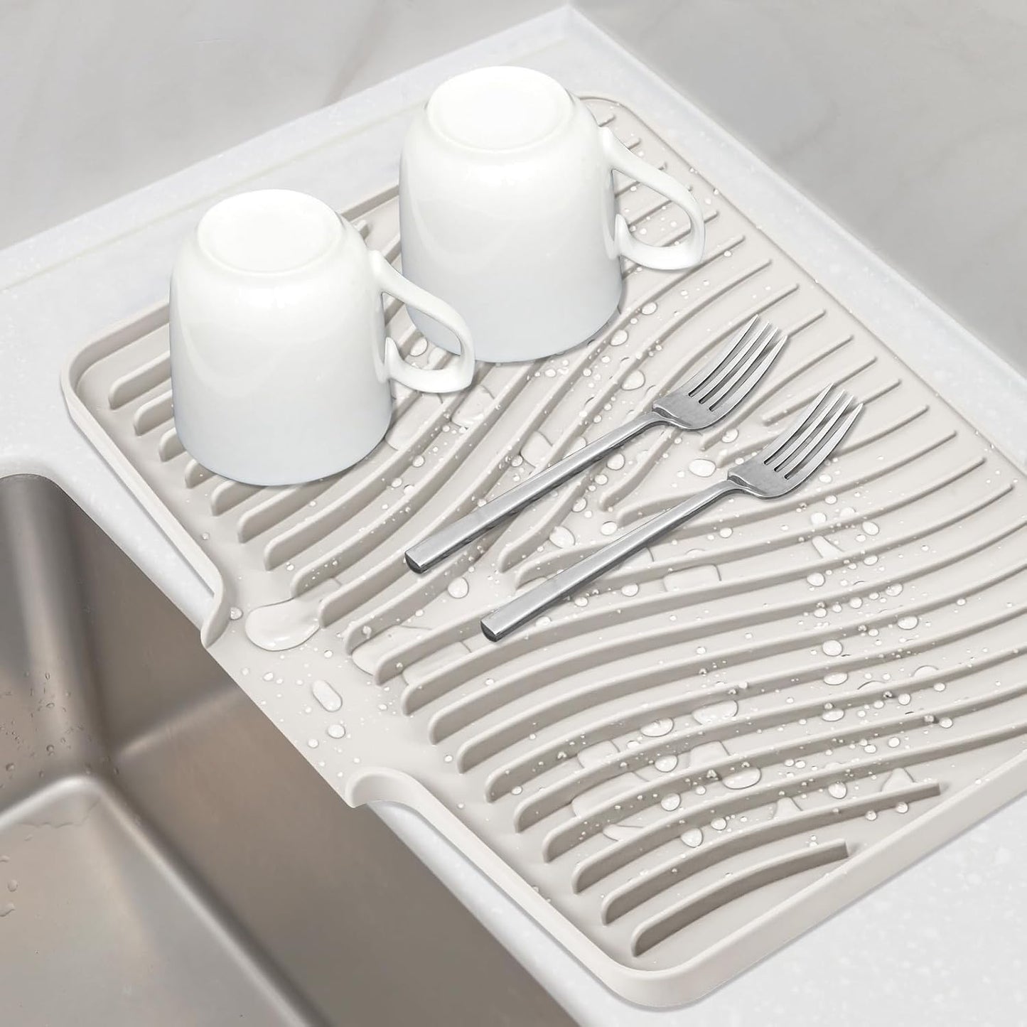 Silicone Dish Drying Mat for Kitchen Counter, Cream-1pcs, 20" x 15" | Heat Resistant & Non-Slip Dish Drain Pad with Built-In Drain, Dishwasher Safe, Quick-Dry, Hangable & Roll-Up for Storage