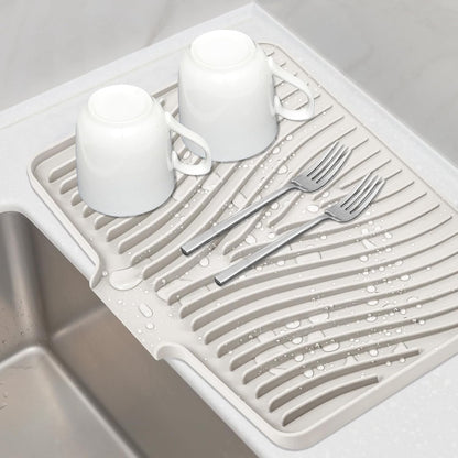 Silicone Dish Drying Mat for Kitchen Counter, Cream-1pcs, 20" x 15" | Heat Resistant & Non-Slip Dish Drain Pad with Built-In Drain, Dishwasher Safe, Quick-Dry, Hangable & Roll-Up for Storage