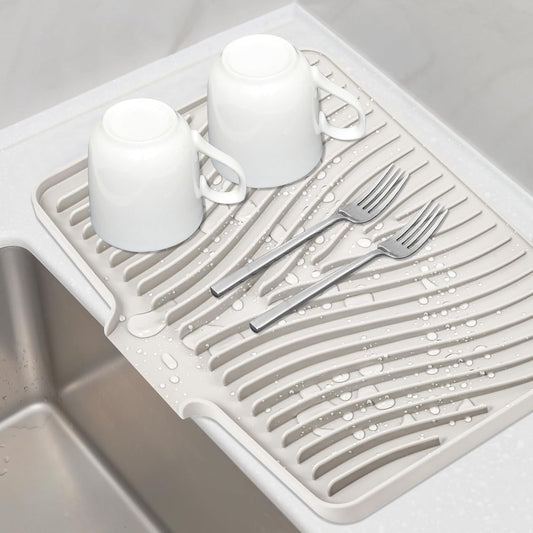 Silicone Dish Drying Mat for Kitchen Counter, Cream-1pcs, 20" x 15" | Heat Resistant & Non-Slip Dish Drain Pad with Built-In Drain, Dishwasher Safe, Quick-Dry, Hangable & Roll-Up for Storage
