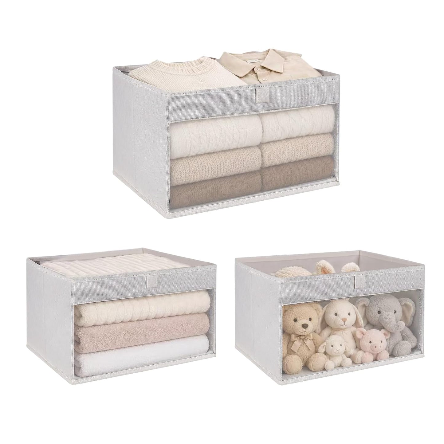 WUIKE Closet Storage Bins, Fabric Organizer Baskets with Clear Window and Handles, Foldable Storage for Shelves, Beige, Large, 3-Pack