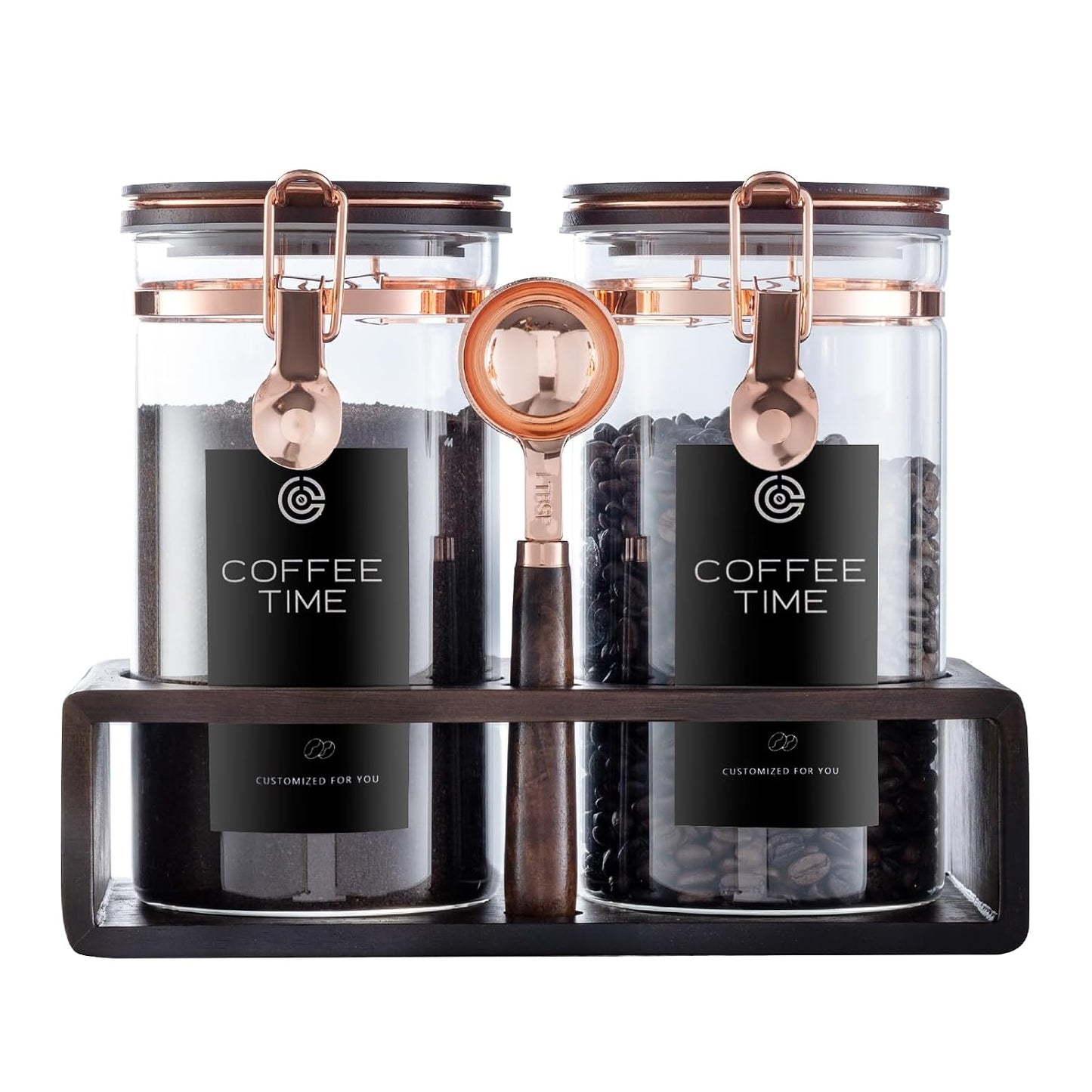 Glass Coffee Canister Set with Wooden Shelf, 2 Pack 45oz Airtight Food Storage Containers with Lids & Spoons, Large nisters for Coffee Beans, Sugar, Tea, Nuts