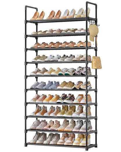 Kitsure 10 Tier Shoe Rack, Tall Shoe Organizer, 32.2" Wide, Black | Large-Capacity Shoe Storage with Hooks, Shoe Shelf for Closet, Entryway, Bedroom, Living Room, Zapateras Organizer