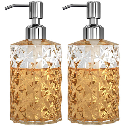 Soap Dispenser, 2 Pack, 12 Oz, Clear Diamond Design Glass | Refillable Hand Soap Dispensers, 304 Rust Proof Stainless Steel Pump, For Kitchen, For Bathroom, Lotion Dispensers
