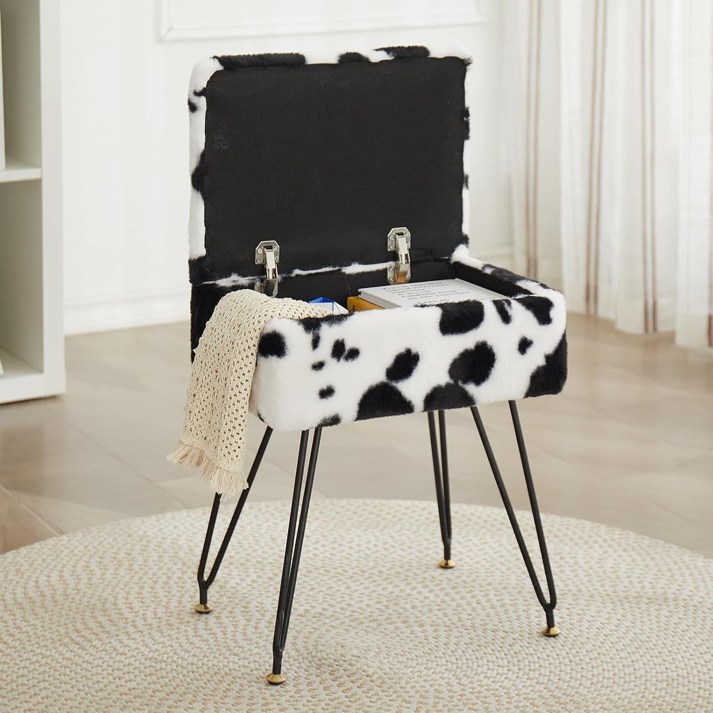 Teddy Storage Ottoman, Flip Top Vanity Stool, Cow | Soft teddy fabric, hidden storage, padded seat, sturdy metal legs, adjustable feet for vanity, bedroom, or dressing area.