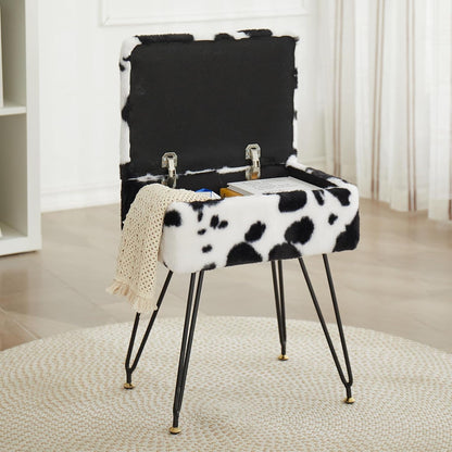 Teddy Storage Ottoman, Flip Top Vanity Stool, Cow | Soft teddy fabric, hidden storage, padded seat, sturdy metal legs, adjustable feet for vanity, bedroom, or dressing area.