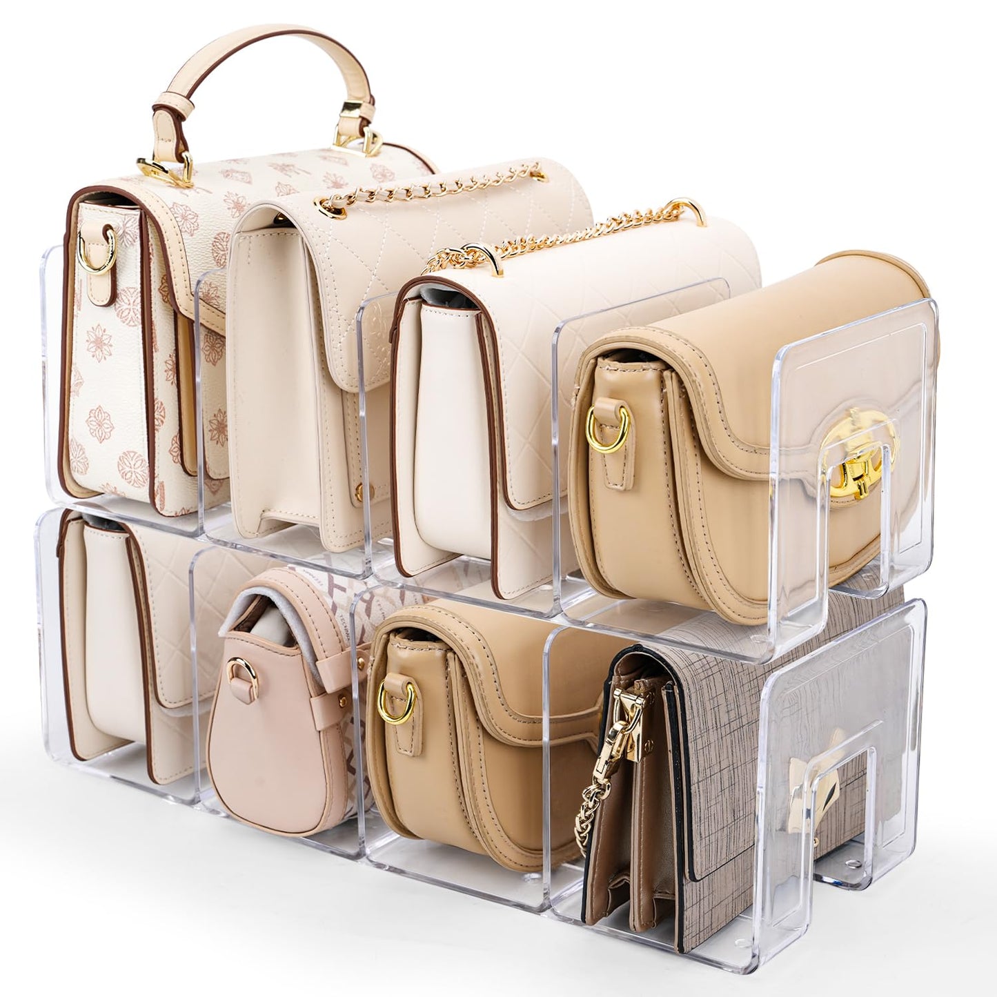 2 Pack Acrylic Purse Organizer for Closet, 8-Slot Bag & Purse Organizer, No Assembly, Clear Handbag Storage Shelf .for Shelf Divider Handbags, Clothes, Sweater