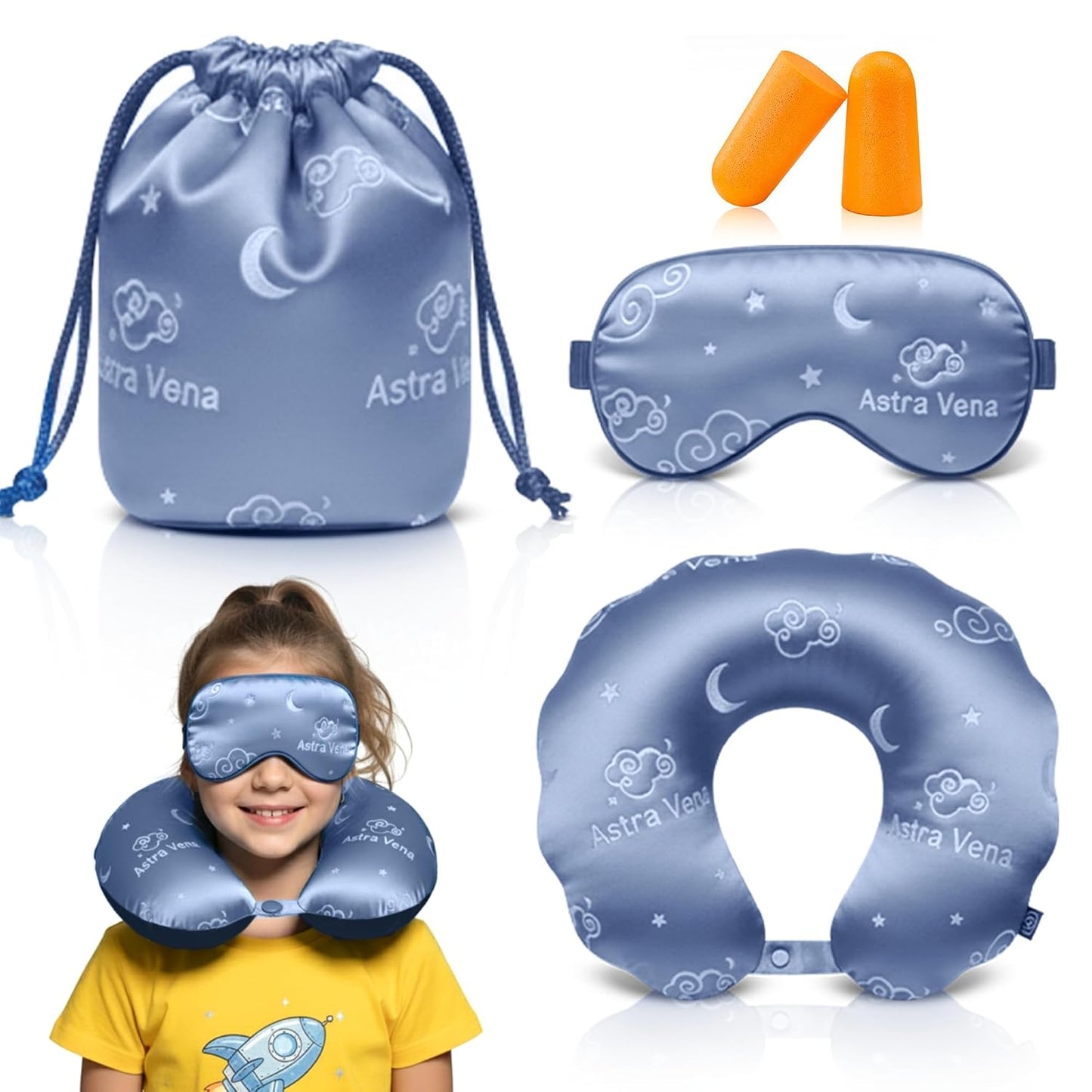 Child Travel Sleep Mask and Pillow Set - 2 in 1 Cute Character Design for Kids Rest, Naps and Relaxation. Soft Comfort with Bag Cover, Perfect for Flights, Car Trips 33cm (Blue)